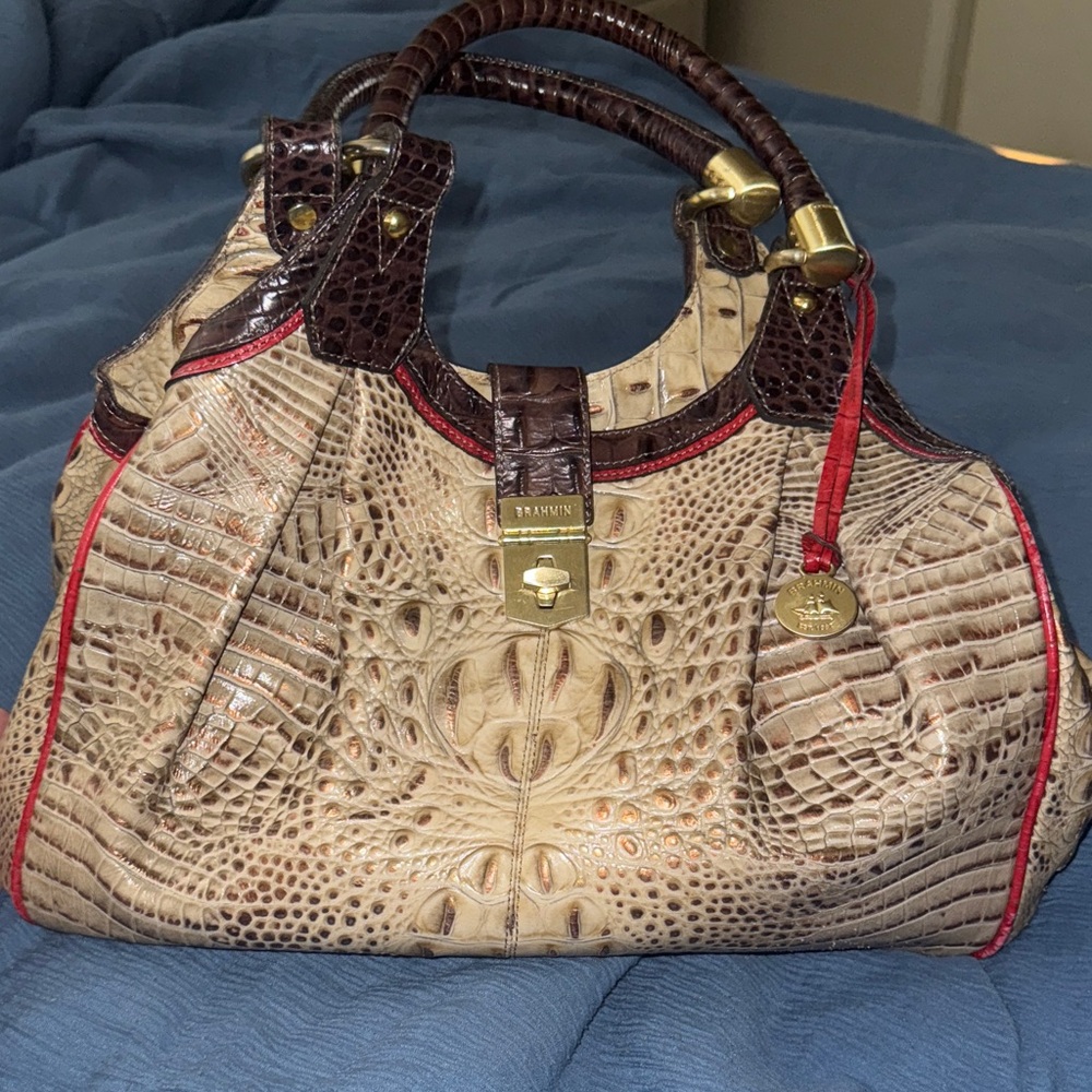Brahmin Cream and Brown Crocodile Embossed Satchel